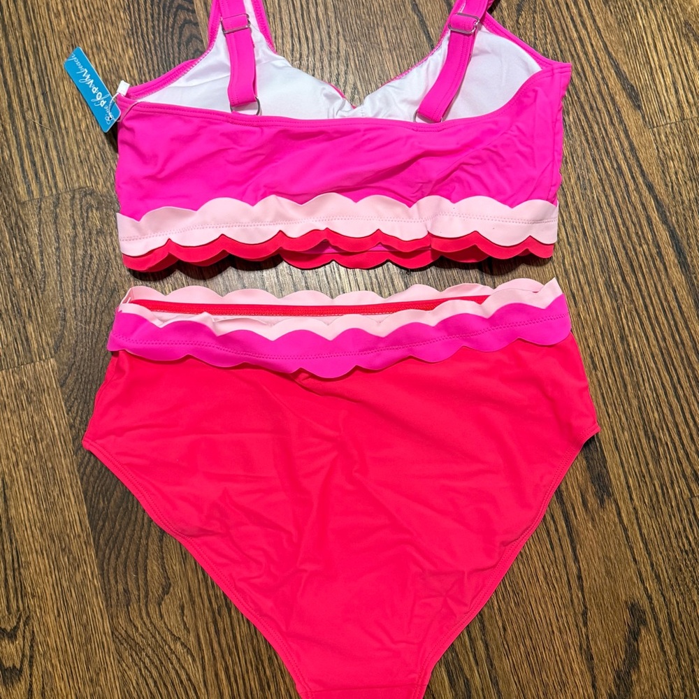 Popvil Scalloped High-Waist Two-Piece Bikini in Hot Pink & Coral size L - Picture 5 of 8